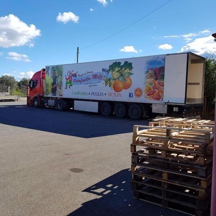 Refrigerated trailer with fruit livery parked beside wooden pallets
